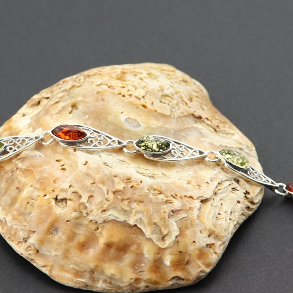 Sterling silver and natural Baltic amber link bracelet - Picture 8 of 13